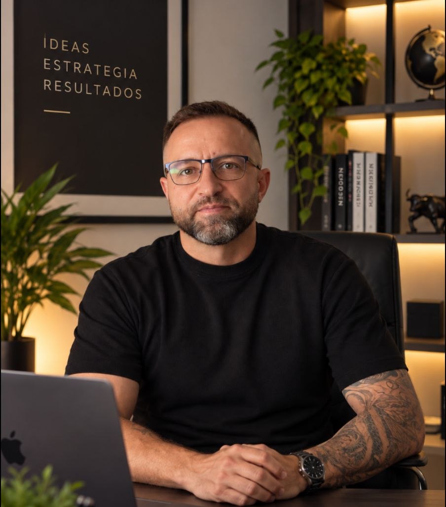 Antonio Martos, fundador de Martos Agency, en su espacio de trabajo; en la esquina superior izquierda se leen «Ideas, estrategia, resultados».